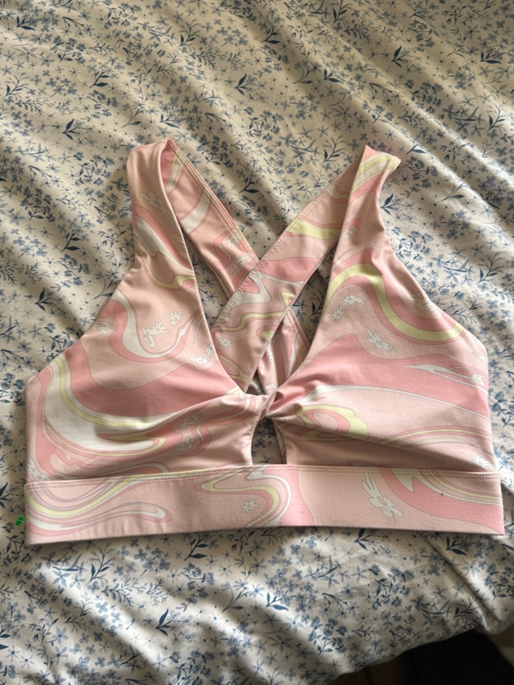 Fabletics Pink Swirl Knot-Front Sports Bra